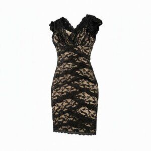 MSRP $109 Marina Lace Tiered Beaded Cocktail Dress Black Nude Size 4 Scalloped